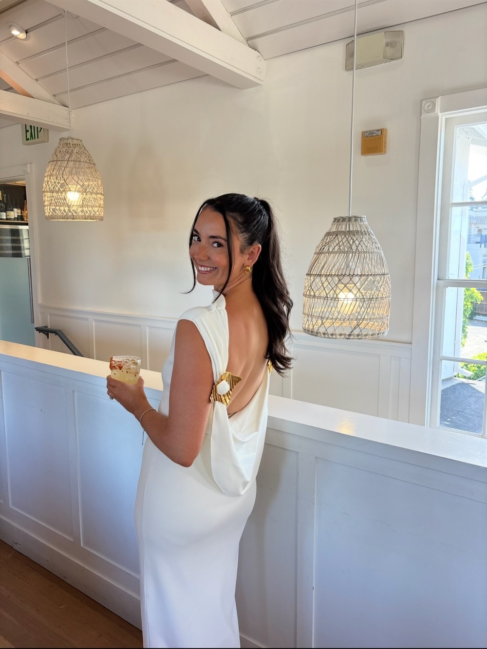 Cult Gaia Deirdra White Draped-Back Midi Dress with Gold Accents - Picture 3 of 3